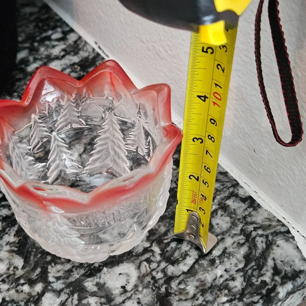 Vintage Red Trimmed Frosted Glass Candle Holder Winter‎ Scene Christmas Decor